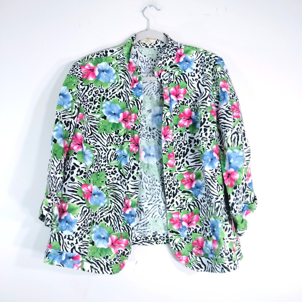 Choices Tropical Linen Jacket; 100% Linen Zebra Floral Open Front 1X